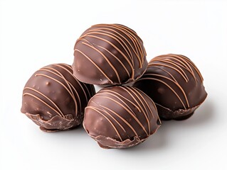 Fototapeta premium Stack of four chocolate truffles with decorative drizzle, isolated on white background, close-up of gourmet confections