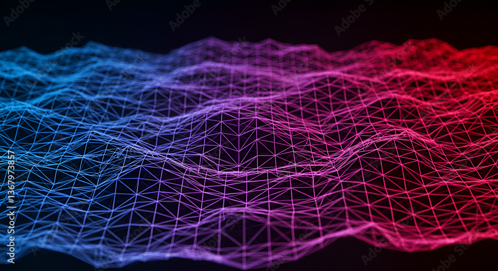 Poster Abstract Digital Network Wave Background in Blue and Red Color Gradient with Wireframe Grid Structure