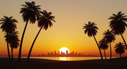 夕焼け空とヤシの木シルエット、穏やかな都市風景