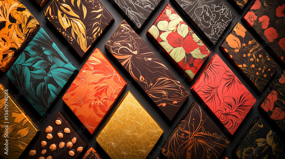 Poster assortment of colorful chocolate boxes with floral and leaf patterns arranged diagonally on a dark s