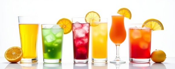 Assortment of colorful cocktails on white background, party, alcohol, beverages