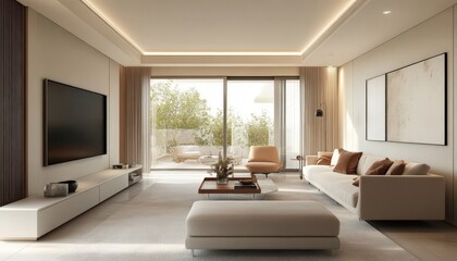 Modern Beige Living Room Interior Design with Large Windows and Outdoor Terrace View