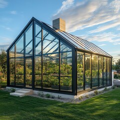 Obraz premium Modern greenhouse garden sunset landscape