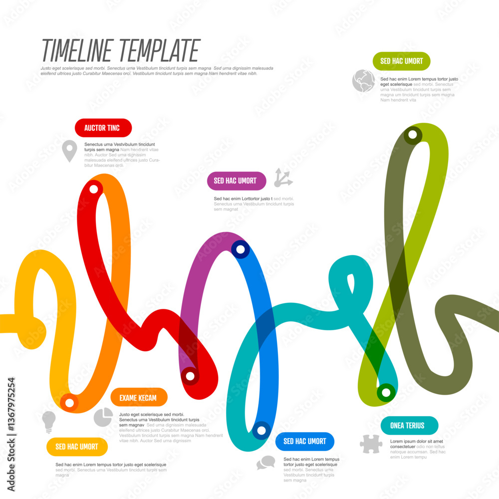 Poster this image illustrates a colorful timeline template with winding curved lines connecting multiple ev