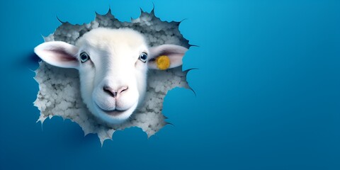 Easter banner with a white rabbit head breaking through a hole in a blue paper background, 