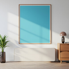Minimalist interior mockup with blank frame. Empty frame wall poster mockup. Interior mockup with modern design. Contemporary interior scene