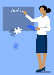 Young woman teaches mathematics at school. Working woman. Successful young woman.