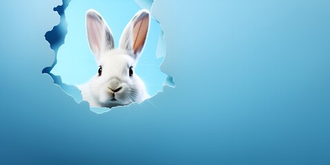 Easter banner with a white rabbit head breaking through a hole in a blue paper background, 