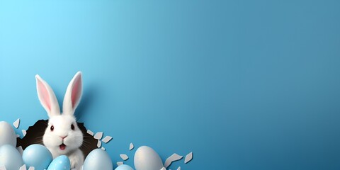 Easter banner with a white rabbit's head sticking out of a hole in a blue paper background. 