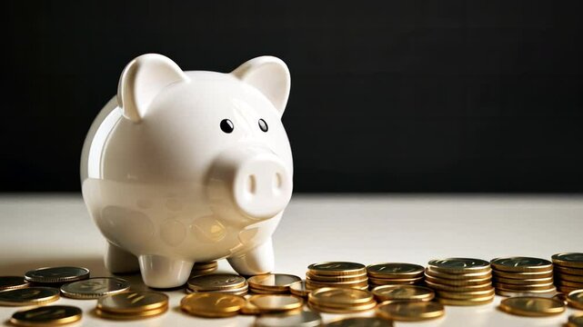 Piggy Bank and Coins: A classic piggy bank sits amidst a scattered collection of golden coins, symbolizing savings, financial security, and the growth of wealth.