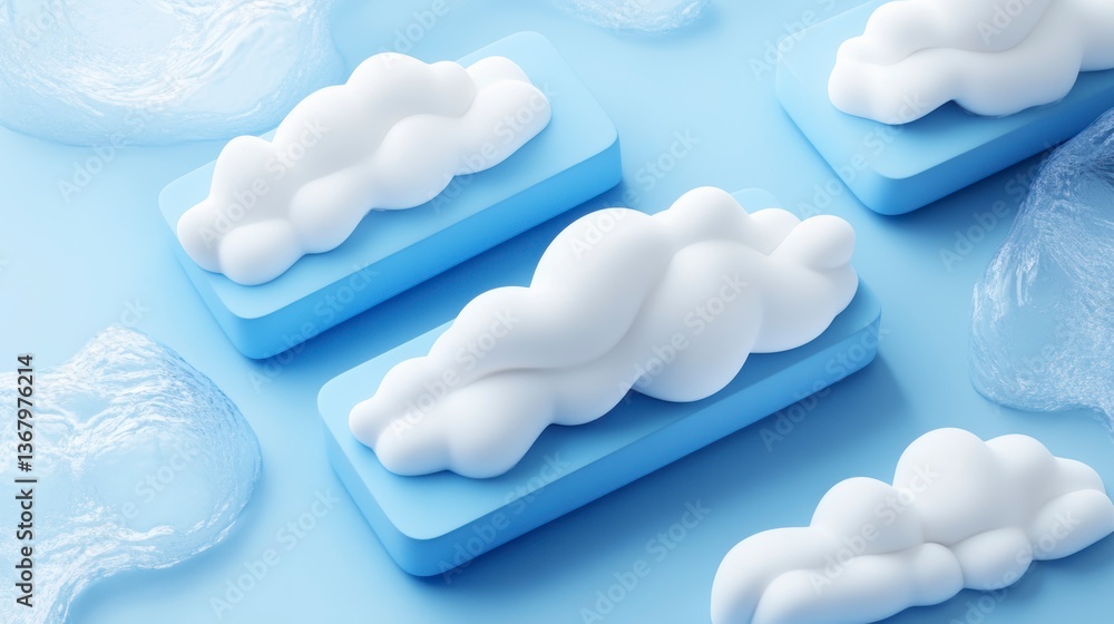 Poster stylized 3d render of fluffy white clouds on light blue platforms.