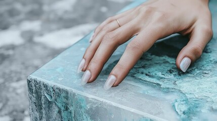 Fingers exploring the surface of a fossil, hands steady and curious, with a softly blurred scholarly environment enhancing the focus on discovery.