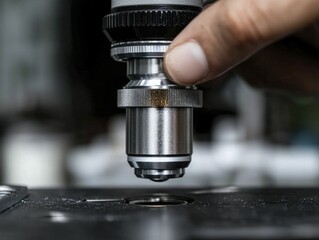 Fingers gently adjust the focus on a microscope, revealing intricate details of the lens, with a subtle hint of lab equipment in the background.