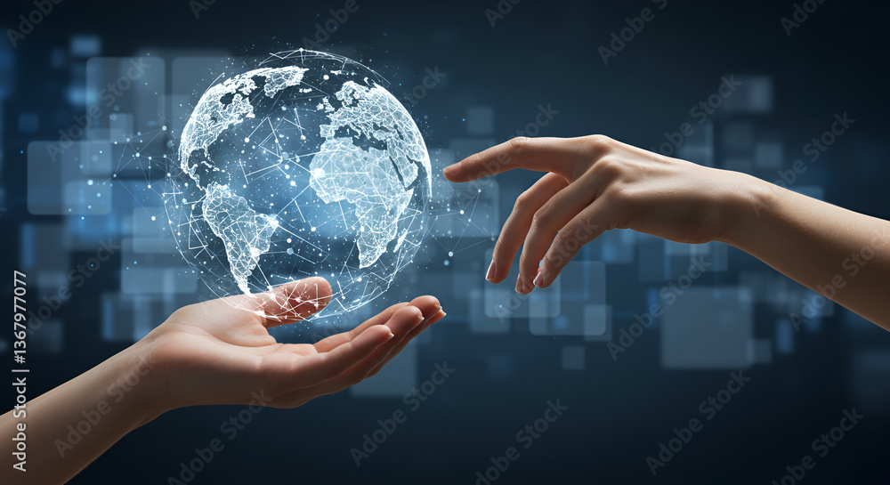 Poster digital global network connecting with two hands touching in dark blue background representing commu