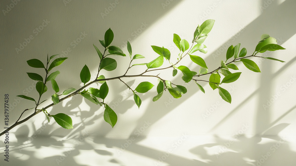 Poster green branch with leaves casts shadows on a light wall, creating a minimalist, nature-inspired scene