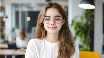 young woman with long hair and glasses smiles warmly in modern office environment, exuding professional and approachable vibe