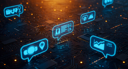 Glowing Digital Network of Communication Icons on Electronic Circuit Board Background