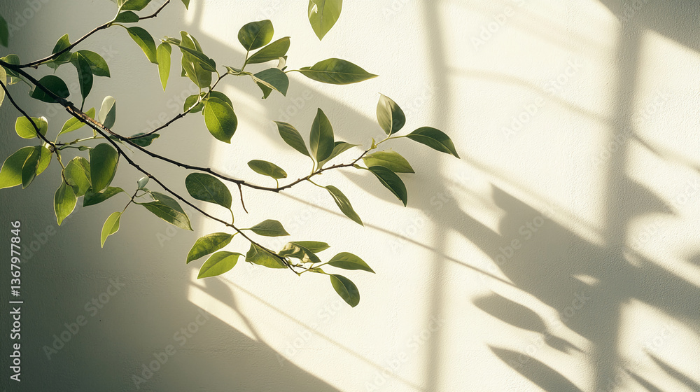 Poster green leaves branch on light beige wall background, illuminated by sunlight creating shadow patterns