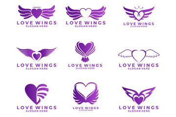 Set of Wing Heart logo design vector. Love Wings , Love Angel logo design template collections
