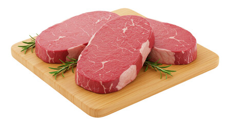 Isolated Raw Steaks on Wooden Board