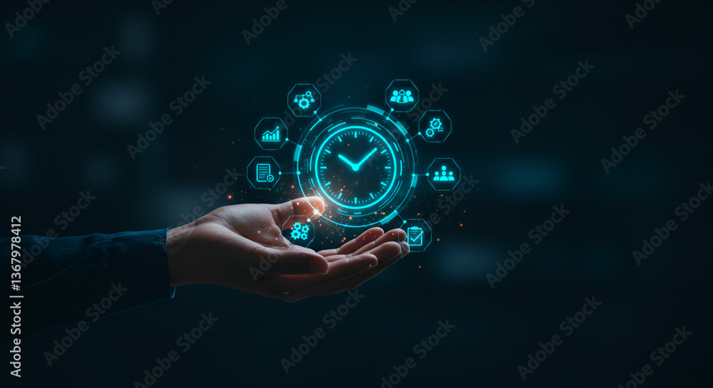 Poster hand holding glowing digital clock with task icons on dark background