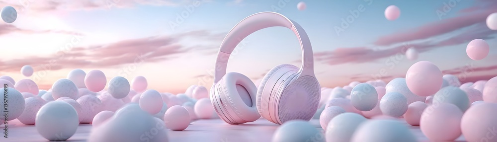 Aufkleber 3d rendering of a giant retro phonograph playing energetic music surrounded by a pool of colorful bo