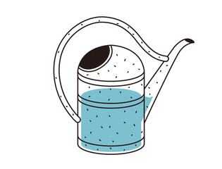 A garden watering can filled with water in the style of doodles. Vector illustration isolated on a white background