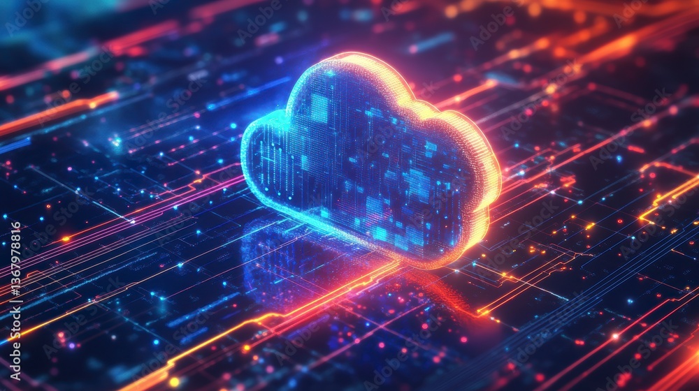 Poster Glowing cloud computing symbol on digital circuit board.