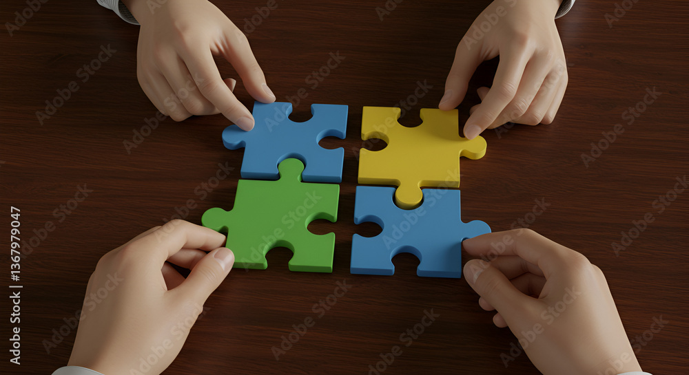 Poster hands connecting colorful puzzle pieces on brown wooden table top view symbolizing teamwork and stra
