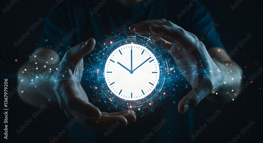 Poster hands holding clock showing time management technology and innovation in dark blue background with g