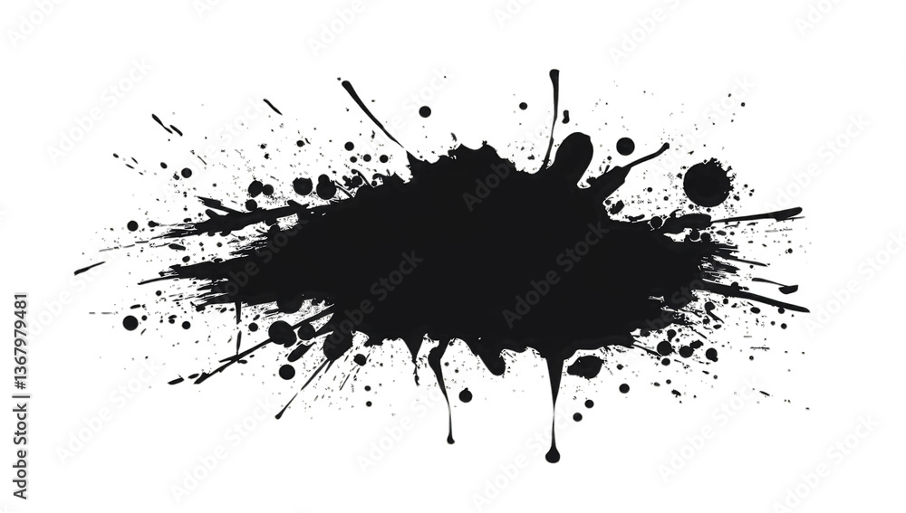 Poster black ink splatter with various drips and splashes creating a dy