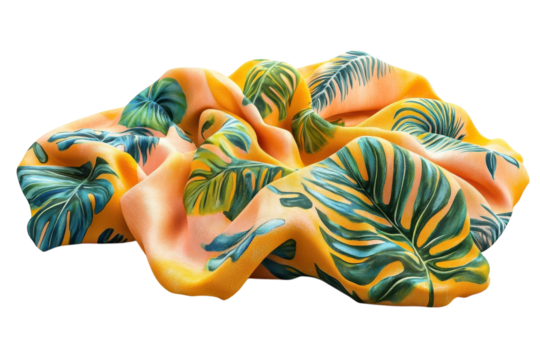 A vibrant tropical silk scarf draped in soft folds, showcasing a lush jungle print of monstera leaves and palm fronds in a sunny yellow and teal color palette.