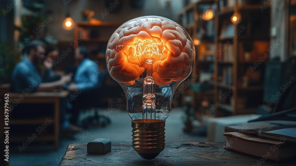 Poster illuminated brain inside a light bulb in a cozy workspace with people collaborating in the backgroun