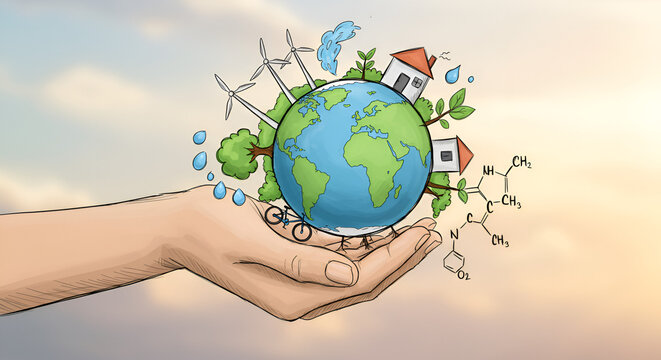 Illustration of an Earth Globe Being Held by Hand Representing Environmental Protection with Windmills and Solar Panels in Daytime