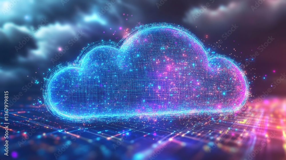 Poster Glowing digital cloud symbol on circuit board, representing data storage and networking.