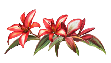 vibrant red and white lilies arranged with green leaves showcasi