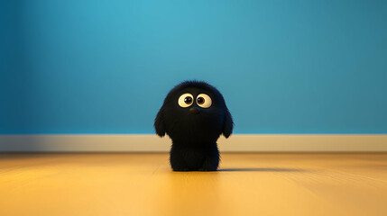 A fluffy adorable and curious creature with wide eyes stands on a wood floor against a solid blue wall