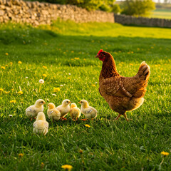 Fototapeta premium A brown hen stands in a lush green field with several fluffy yellow chicks gathered closely around her