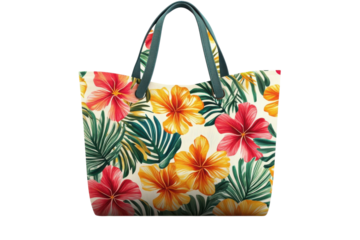 A vibrant tropical tote bag bursting with hibiscus flowers and lush palm leaves, showcasing a summery design with teal leather handles.