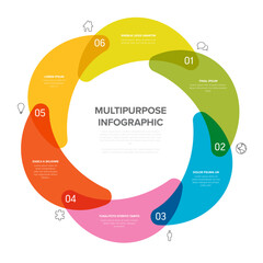 This vibrant circular infographic features six sections in different colors for diverse data presentation. The design is multipurpose, ideal for business, marketing, and data visualization.