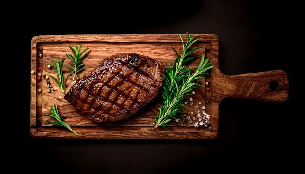 Grilled beef steak with herbs on rustic wooden cutting board top view