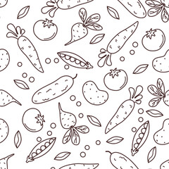 Vector seamless pattern with hand-drawn garden vegetables in doodle style. Background print with tomatoes, cucumbers, carrots, potatoes, peas and beets. Useful ingredients for healthy food