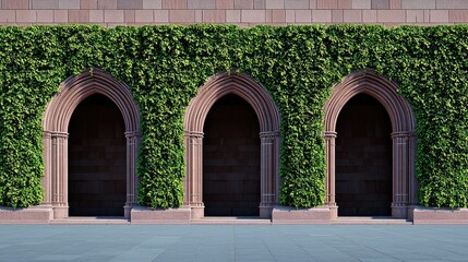 A beautiful stone wall with three arched entrances, covered in lush green ivy, creating a harmonious blend of architecture and nature.