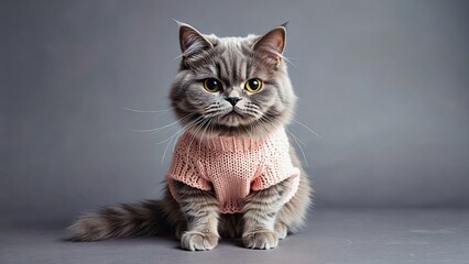 Gray cat wearing a pink sweater indoors