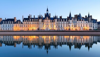 Obraz premium A stunning castle facade illuminated at dusk, reflected beautifully in the calm water, showcasing intricate architecture against a clear sky.