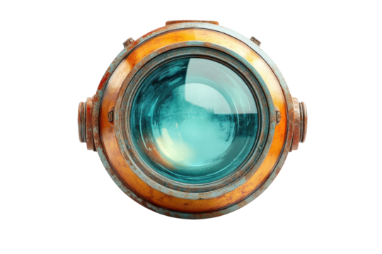 A weathered, teal-eyed orb, a forgotten relic of a bygone era, hinting at underwater mysteries and steampunk adventures with rusty orange casing and detailed metallic accents.