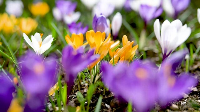 Blooming crocus flowers in the park. Spring landscape. Beauty in nature. Close-up slow motion footage.