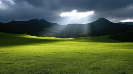 Sunlight piercing through clouds over a verdant valley