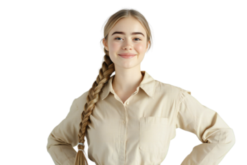 Confident young woman smiling with hands on hips, isolated on transparent background