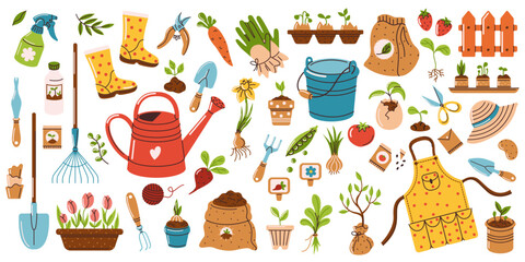 A large vector set of garden tools. Tools for growing, planting, transplanting, watering, and caring for garden and indoor plants. Design elements in a cartoon flat style on a white background
